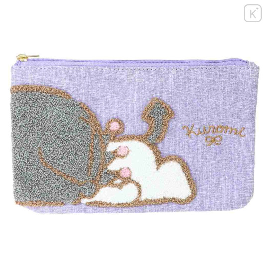 Japan Sanrio Sagara Embroidery Flat Cosmetic Pouch - Kuromi / Butt - 1