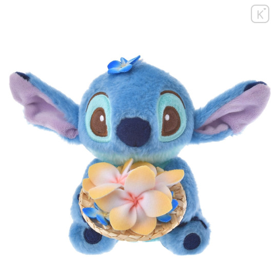 Japan Disney Store Fluffy Plush Keychain - Stitch & Straw Hat Flower - 1