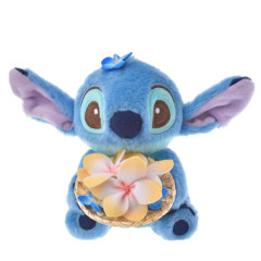 Japan Disney Store Fluffy Plush Keychain - Stitch & Straw Hat Flower