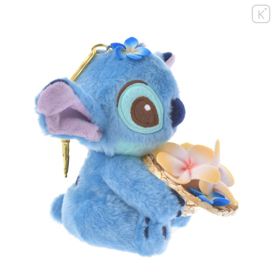 Japan Disney Store Fluffy Plush Keychain - Stitch & Straw Hat Flower - 3