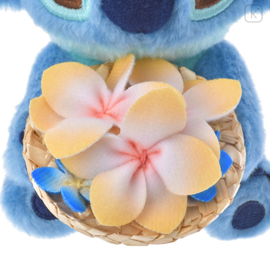 Japan Disney Store Fluffy Plush Keychain - Stitch & Straw Hat Flower - 6