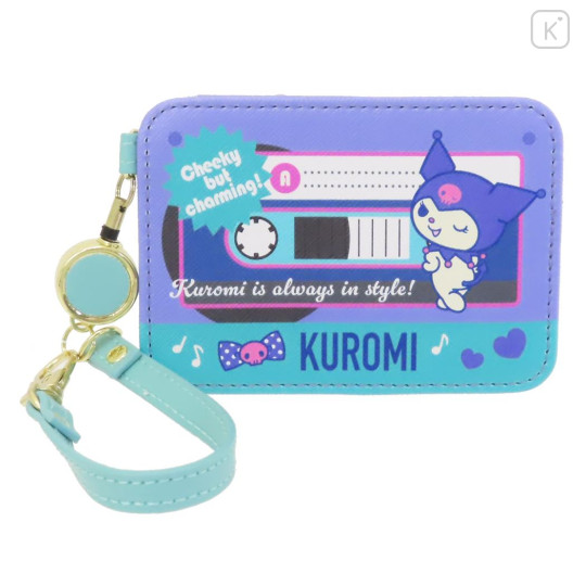 Japan Sanrio Pass Case Card Holder with Reel - Kuromi / Purple Cassette - 1