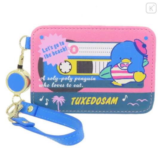 Japan Sanrio Pass Case Card Holder with Reel - Tuxedo Sam / Cassette - 1