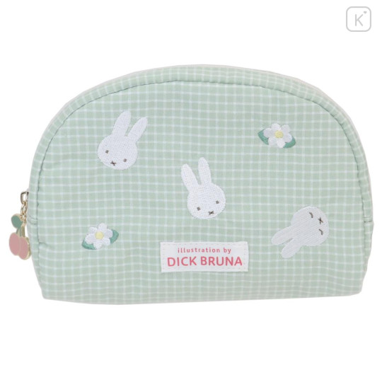 Japan Miffy Round Pouch - Gingham Green Flower - 1