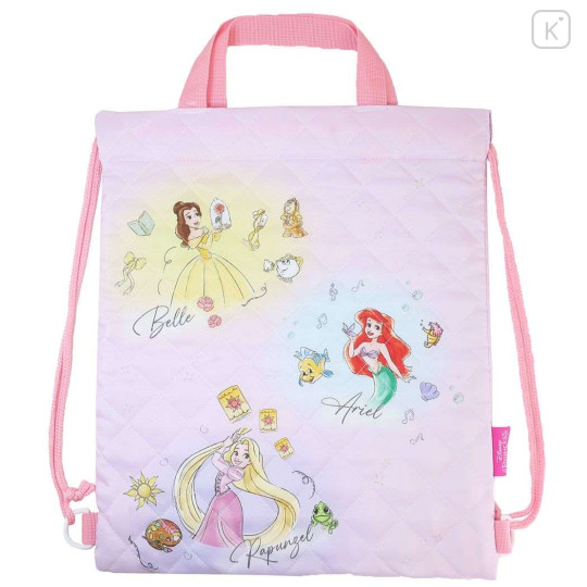 Japan Disney Gym Sack Knapsack Drawstring Backpack - Ariel & Belle & Rapunzel / Quilted Pink - 1