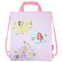 Japan Disney Gym Sack Knapsack Drawstring Backpack - Ariel & Belle & Rapunzel / Quilted Pink