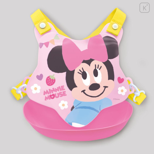 Japan Disney Baby Apron Plastic Bib - Minnie Mouse / Pink Back Cross - 2