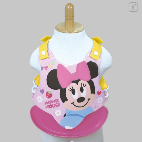 Japan Disney Baby Apron Plastic Bib - Minnie Mouse / Pink Back Cross - 3