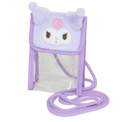 Japan Sanrio Gadget Phone & Card Shoulder Pouch Crossbody Bag - Kuromi / Transparent Fluffy Face