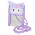 Japan Sanrio Gadget Phone & Card Shoulder Pouch Crossbody Bag - Kuromi / Transparent Fluffy Face - 1