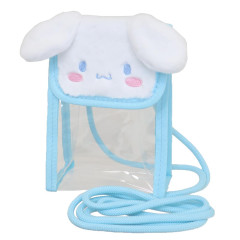 Japan Sanrio Gadget Phone & Card Shoulder Pouch Crossbody Bag - Cinnamoroll / Transparent Fluffy Face