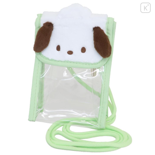 Japan Sanrio Gadget Phone & Card Shoulder Pouch Crossbody Bag - Pochacco / Transparent Fluffy Face - 1