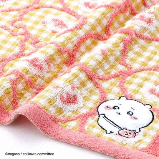 Japan Chiikawa Embroidery Face Towel - Chiikawa / Gingham Yellow Cherry Pink - 2