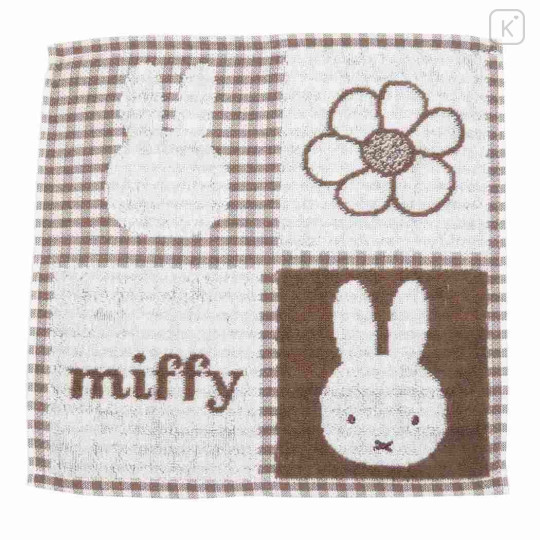 Japan Miffy Mini Towel Jacquard Handkerchief - Miffy / Flower Brown Gingham - 1