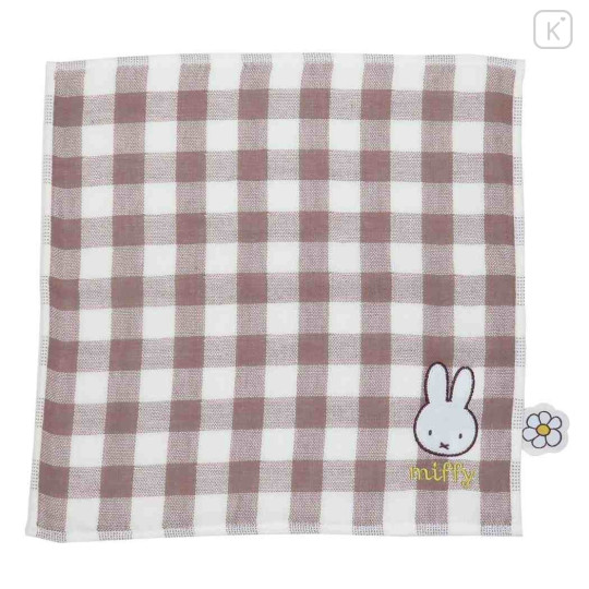 Japan Miffy Mini Towel Handkerchief - Miffy / Flower Brown Gingham - 1