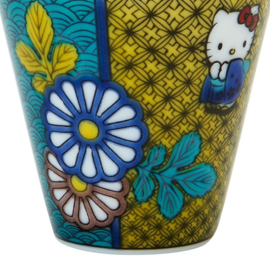 Japan Sanrio Kutani Ware Mini Sake Cup - Hello Kitty / Blue Chrysanthemum - 5