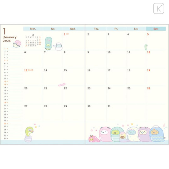 Japan San-X B6 Weekly Schedule Book - Sumikko Gurashi / Snake 2025 - 2