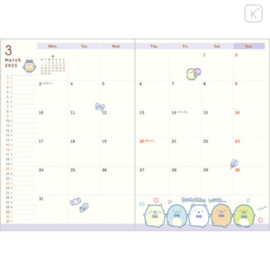 Japan San-X B6 Monthly Schedule Book - Sumikko Gurashi / Bus 2025 - 2