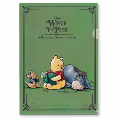 Japan Disney A4 Clear File - Eeyore & Pooh / Relaxing Time with Books Green