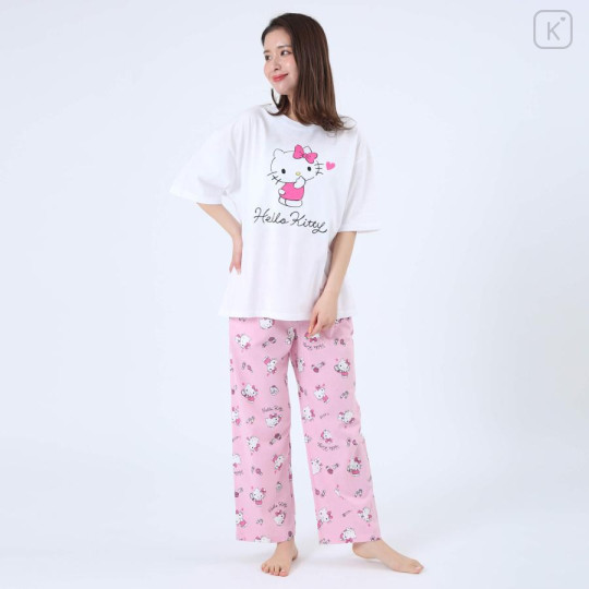 Japan Sanrio Short Sleeve T-shirt Pajamas (M) - Hello Kitty / White & Pink - 1