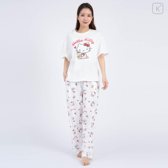 Japan Sanrio Short Sleeve T-shirt Pajamas (M) - Hello Kitty / White & White - 1