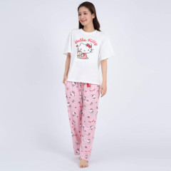 Japan Sanrio Short Sleeve T-shirt Pajamas (M) - Hello Kitty / White & Apricot