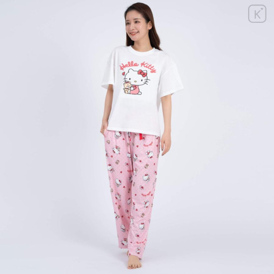 Japan Sanrio Short Sleeve T-shirt Pajamas (L) - Hello Kitty / White & Apricot - 1