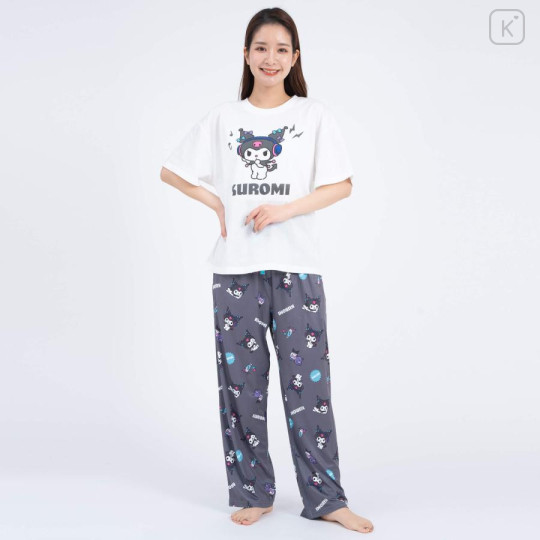 Japan Sanrio Short Sleeve T-shirt Pajamas (M) - Kuromi / White & Gray - 1