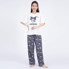 Japan Sanrio Short Sleeve T-shirt Pajamas (M) - Kuromi / White & Gray