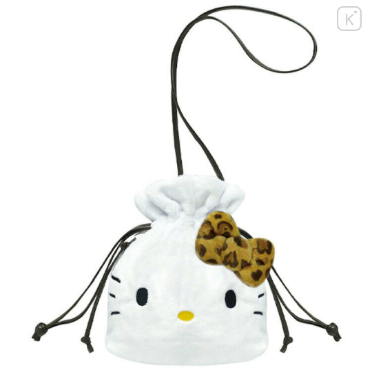 Japan Sanrio Drawstring Shoulder Bag - Hello Kitty / Leopard Toffee Brown - 1