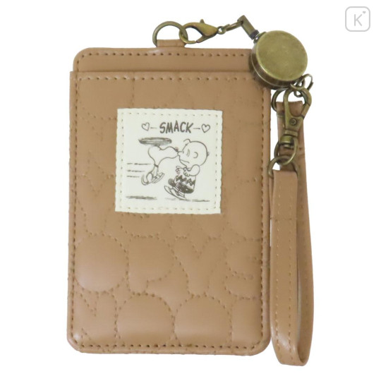 Japan Peanuts Pass Case Card Holder With Reel - Snoopy / Smack Love Light Brown - 1