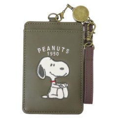 Japan Peanuts Pass Case Card Holder With Reel - Snoopy / Retro Beagle Deep Green