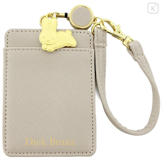 Japan Miffy Pass Case Card Holder With Reel - Miffy / Beige Grey & Gold - 1