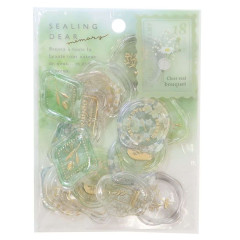 Japan Sealing Dear Clear Gel Wax Seal Sticker - Bouquet Green & Gold Foil