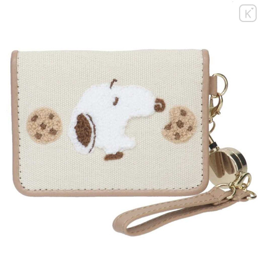 Japan Peanuts Bifold Pass Case Card Holder with Reel - Snoopy / Embroidery Cookie Beige - 1