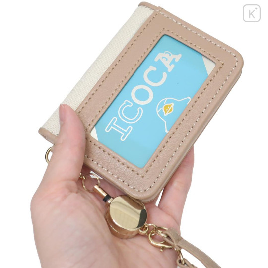 Japan Peanuts Bifold Pass Case Card Holder with Reel - Snoopy / Embroidery Cookie Beige - 2