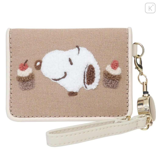 Japan Peanuts Bifold Pass Case Card Holder with Reel - Snoopy / Embroidery Cupcake Light Brown - 1