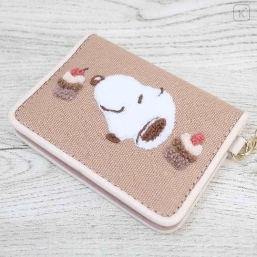 Japan Peanuts Bifold Pass Case Card Holder with Reel - Snoopy / Embroidery Cupcake Light Brown - 4