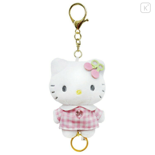 Japan Sanrio Plush Mascot Retractable Reel Keychain - Hello Kitty : Gingham Pink Cherry - 1
