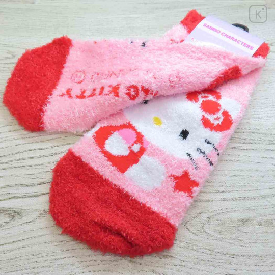 Japan Sanrio Fluffy Socks - Hello Kitty / Pink Red Star - 2