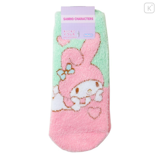 Japan Sanrio Fluffy Socks - My Melody / Pink Green Heart - 1