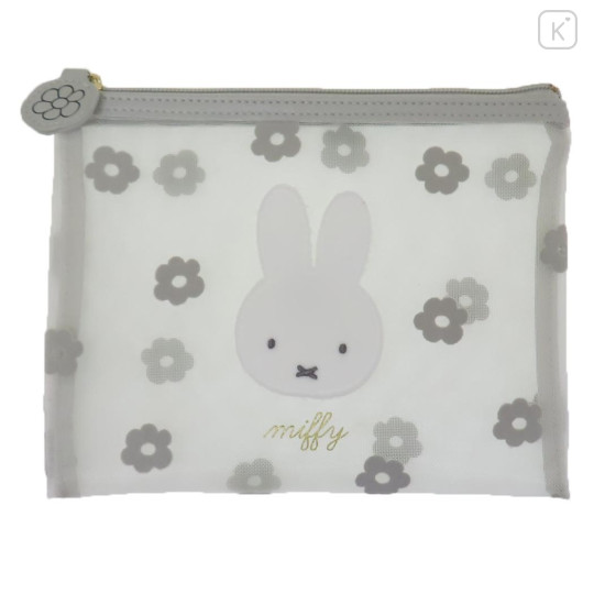 Japan Miffy Flat Pouch - Miffy / Mesh Pastel Grey Flora - 1