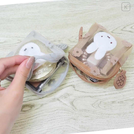 Japan Miffy Mini Pouch - Miffy / Mesh Pastel Light Brown Flora - 3