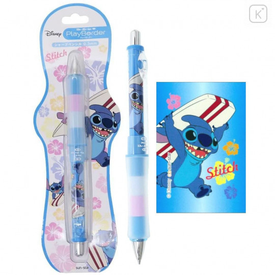 Japan Disney Dr. Grip Play Border Shaker 0.3mm Mechanical Pencil - Stitch / Surfing - 1