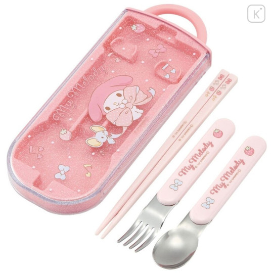 Japan Sanrio Bento Lunch Cutlery Set Spoon Fork Chopstick - My Melody / Ribbon Pink - 1