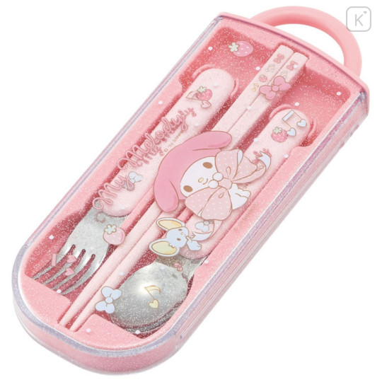 Japan Sanrio Bento Lunch Cutlery Set Spoon Fork Chopstick - My Melody / Ribbon Pink - 2