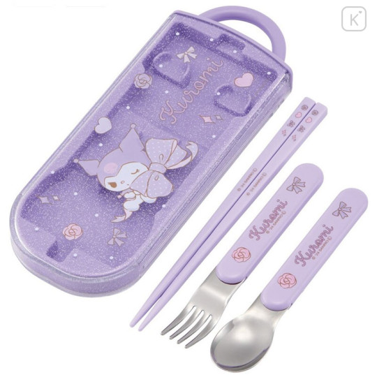 Japan Sanrio Bento Lunch Cutlery Set Spoon Fork Chopstick - Kuromi / Ribbon Purple - 1