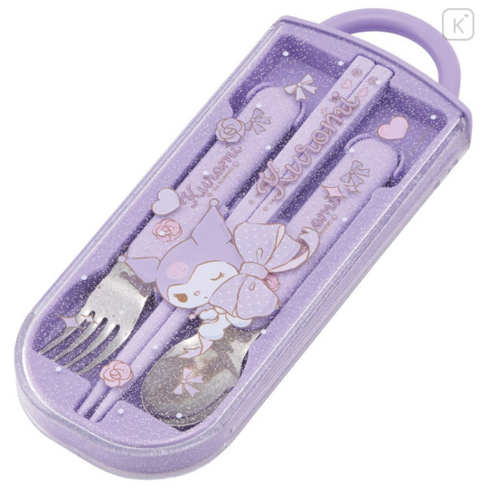 Japan Sanrio Bento Lunch Cutlery Set Spoon Fork Chopstick - Kuromi / Ribbon Purple - 2