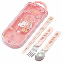 Japan Sanrio Bento Lunch Cutlery Set Spoon Fork Chopstick - Hello Kitty / Ribbon Pink