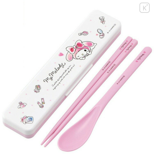 Japan Sanrio Chopsticks 18cm & Spoon with Case - My Melody / Wink Pink - 1